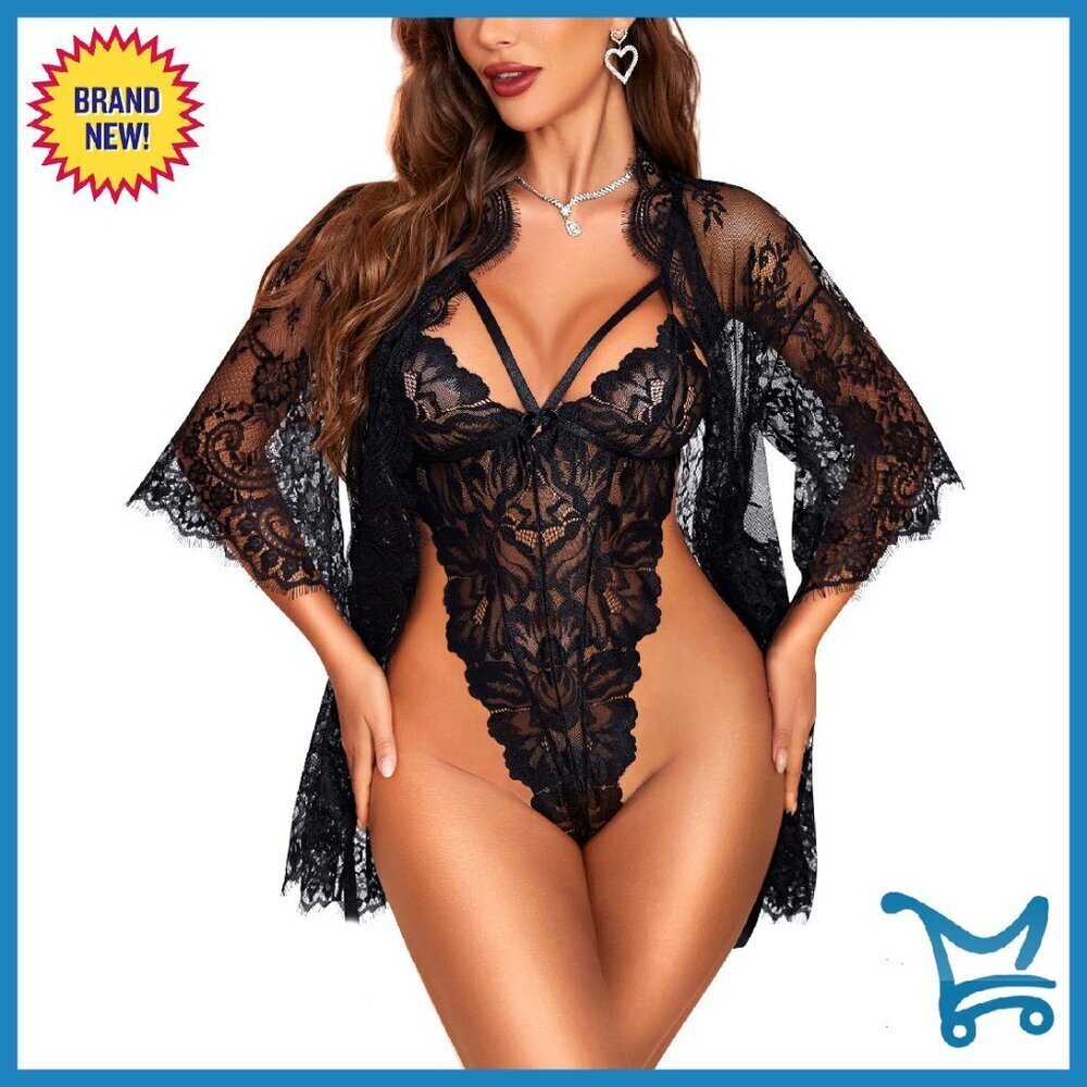 Sexy Lace Kimono Robe & Teddy Bodysuit Set - 2 Piece Lingerie
